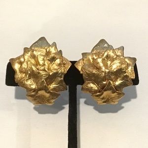Annick Goutal 1980's Folavril Gold Plated Tomato Leaf Clip-On Earrings 1 1/4" L
